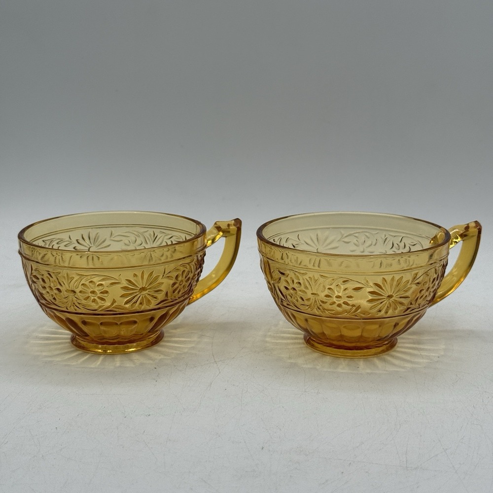 Set of 2 Vintage Pressed Indiana Glass Tiara Daisy Amber Tea‎ Sandwich Cups